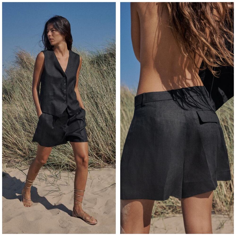 Zara Black Linen Blend High Waist Front Pleats Shorts Size Medium 8026/707